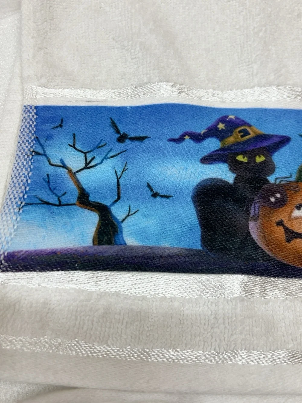 Halloween Hand Towels Set 2 Cat Pumpkin Spider Bats RIP Graveyard Decor 10x16